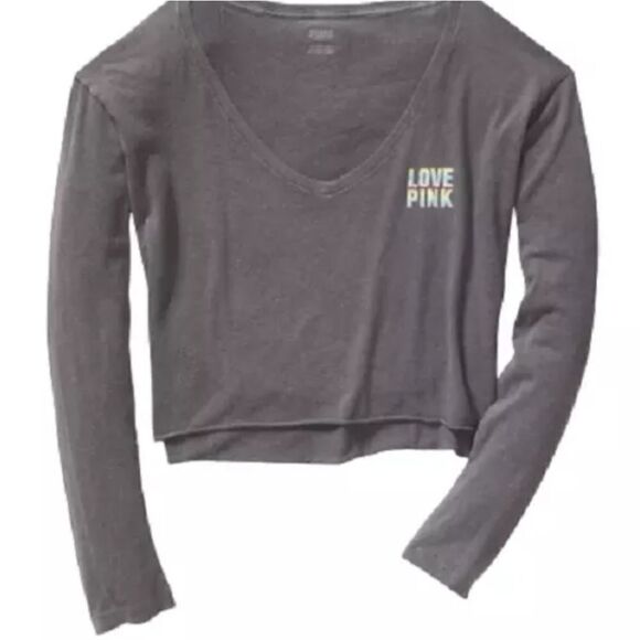VICTORIAS SECRET LOVE PINK SHIRT CROP TOP LONG SLEEVE RAINBOW LOGO - Picture 1 of 3